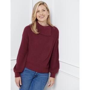 Talbots Shaker Stitch Sweater XL Burgundy Chunky Knit Split Neck Balloon Sleeve